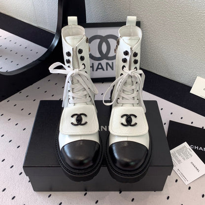 CC Short Boots In White Mix Black Logo Print Lambskin 938060