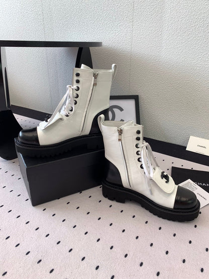 CC Short Boots In White Mix Black Logo Print Lambskin 938060