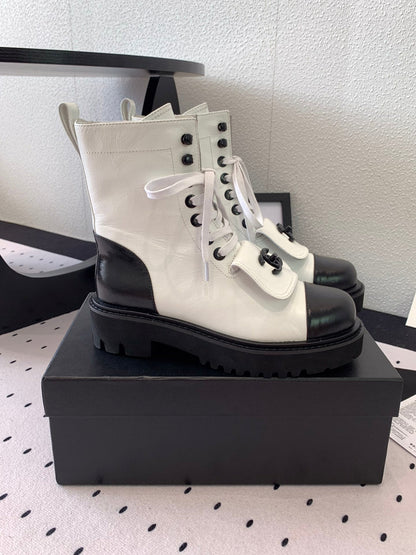 CC Short Boots In White Mix Black Logo Print Lambskin 938060