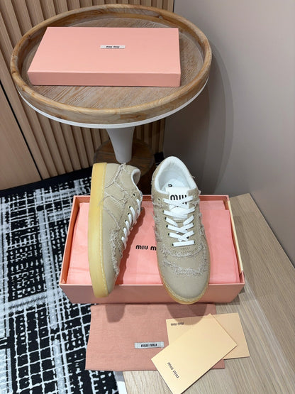 Miu Denim Sneakers In Light Brown Fabric