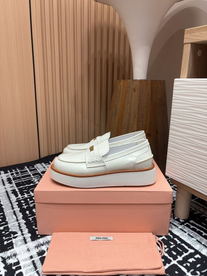 Miu Loafers Coin Shaped Thick Sole White With Brown Border Cowhide