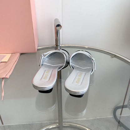 Miu Sandals Square Heel Shoes Silver Leather