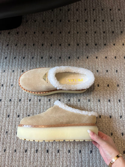 Prada 25s Furry Half-Cover Slippers Beige Suede And Wool 538429