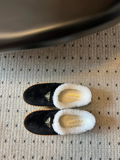 Prada 25s Furry Half-Cover Slippers Black Suede And Wool 538430