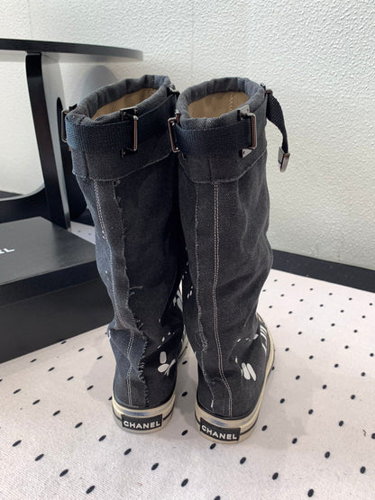 CC High-Top Canvas Boots Black White Denim Fabric  938046
