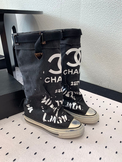 CC High-Top Canvas Boots Black White Denim Fabric  938046