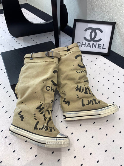 CC High-Top Canvas Boots Beige Black Denim Fabric  938050