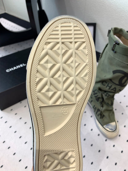 CC High-Top Canvas Boots Khaki Green Black Denim Fabric 938051