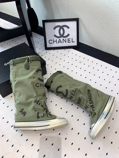 CC High-Top Canvas Boots Khaki Green Black Denim Fabric 938051