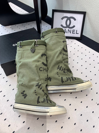 CC High-Top Canvas Boots Khaki Green Black Denim Fabric 938051