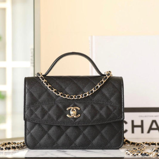25C Flap Bag With Top Handle 18cm Black Grained Calfskin