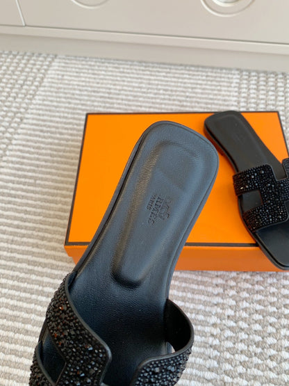 HM Oran Rhinestone Sandals Black Suede Goatskin 291391