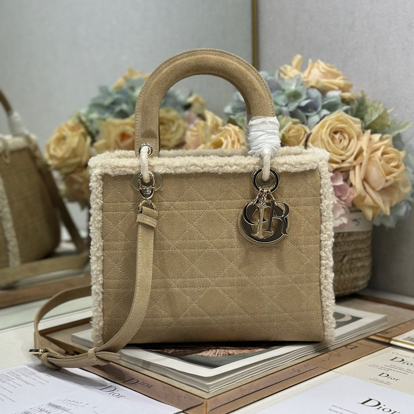 CD Lady 24 Camel Cowhide And Fur Gold Hardware