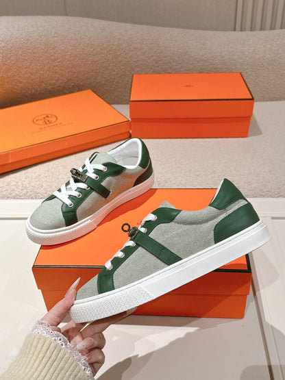 HM 25ss Kelly Buckle Sneakers Green Gray Cowhide Canvas 577492