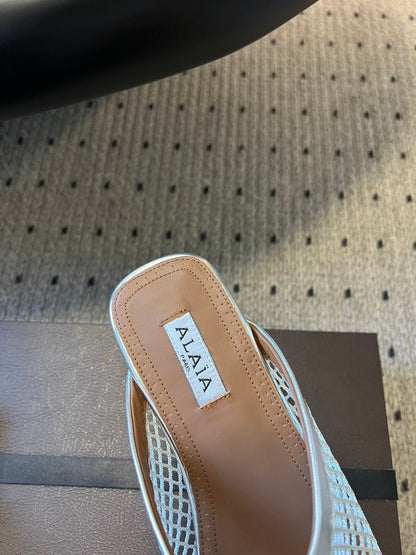 Alaia 25 Fishnet Flat Mules Silver Lampskin 303679
