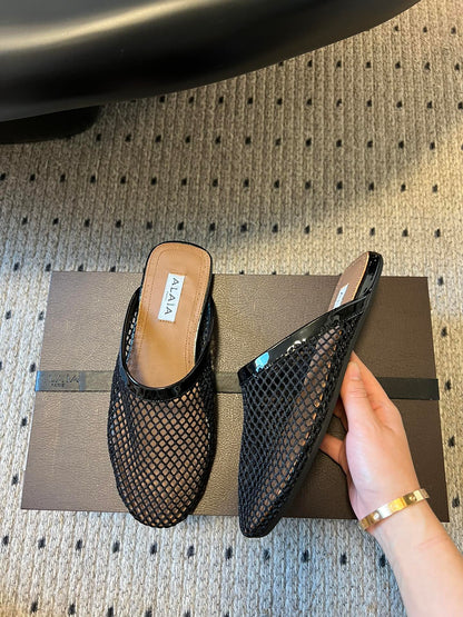 Alaia 25 Fishnet Flat Mules Black Lampskin 303685