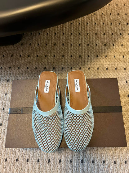 Alaia 25 Fishnet Flat Mules Lagoon Green Lampskin 303684