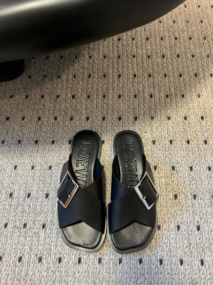 Loewe 25 Petal Belt Flat Sandals Black Sheepskin