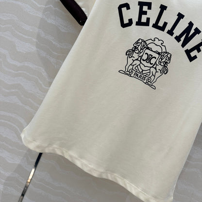 Celine 25 Arc de Triomphe Letter Short Sleeve T-shirt Cream mix Black Cotton