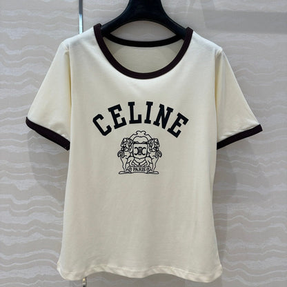 Celine 25 Arc de Triomphe Letter Short Sleeve T-shirt Cream mix Black Cotton