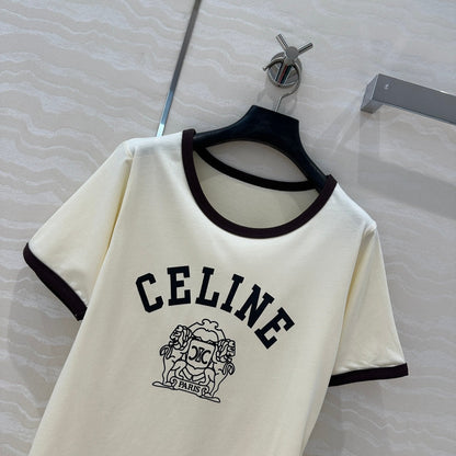 Celine 25 Arc de Triomphe Letter Short Sleeve T-shirt Cream mix Black Cotton