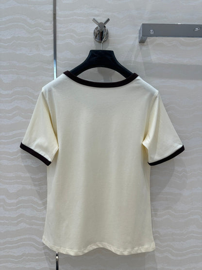 Celine 25 Arc de Triomphe Letter Short Sleeve T-shirt Cream mix Black Cotton