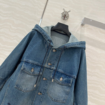 CD Ripped Straight Hooded Jacket Blue Cotton