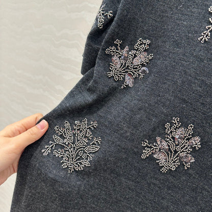 Fendi Beaded Flower Knitted Dress Black Gray Wool