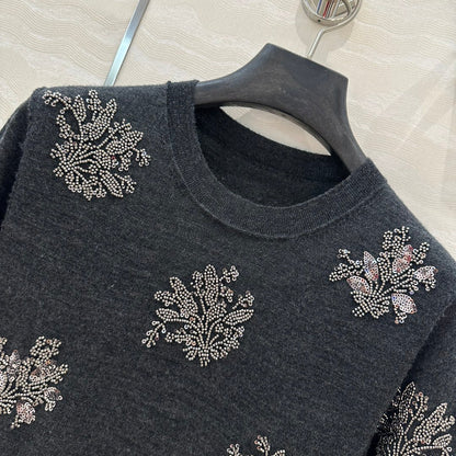 Fendi Beaded Flower Knitted Dress Black Gray Wool