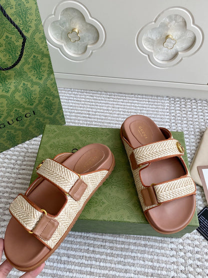 GC sandal with Double G Brown mix Beige Canvas Sheepskin 291016