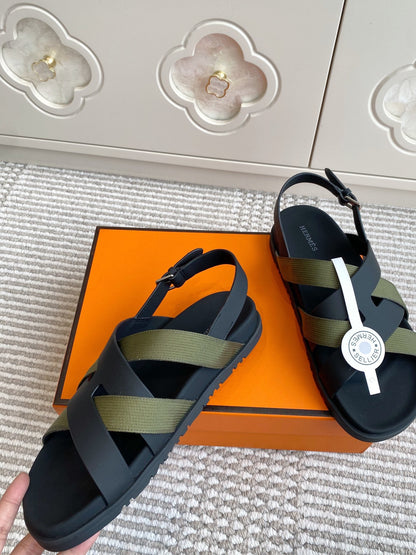 HM Heracles Sandals Black Army Green Calfskin 291450