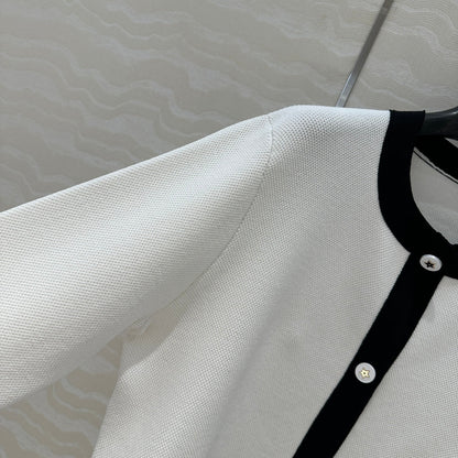 CD Round Neck Cardigan Jacket White Wool Cotton