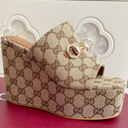 GC 25 Wedge With Horsebit Sandal Beige and Dark Brown Canvas 291029