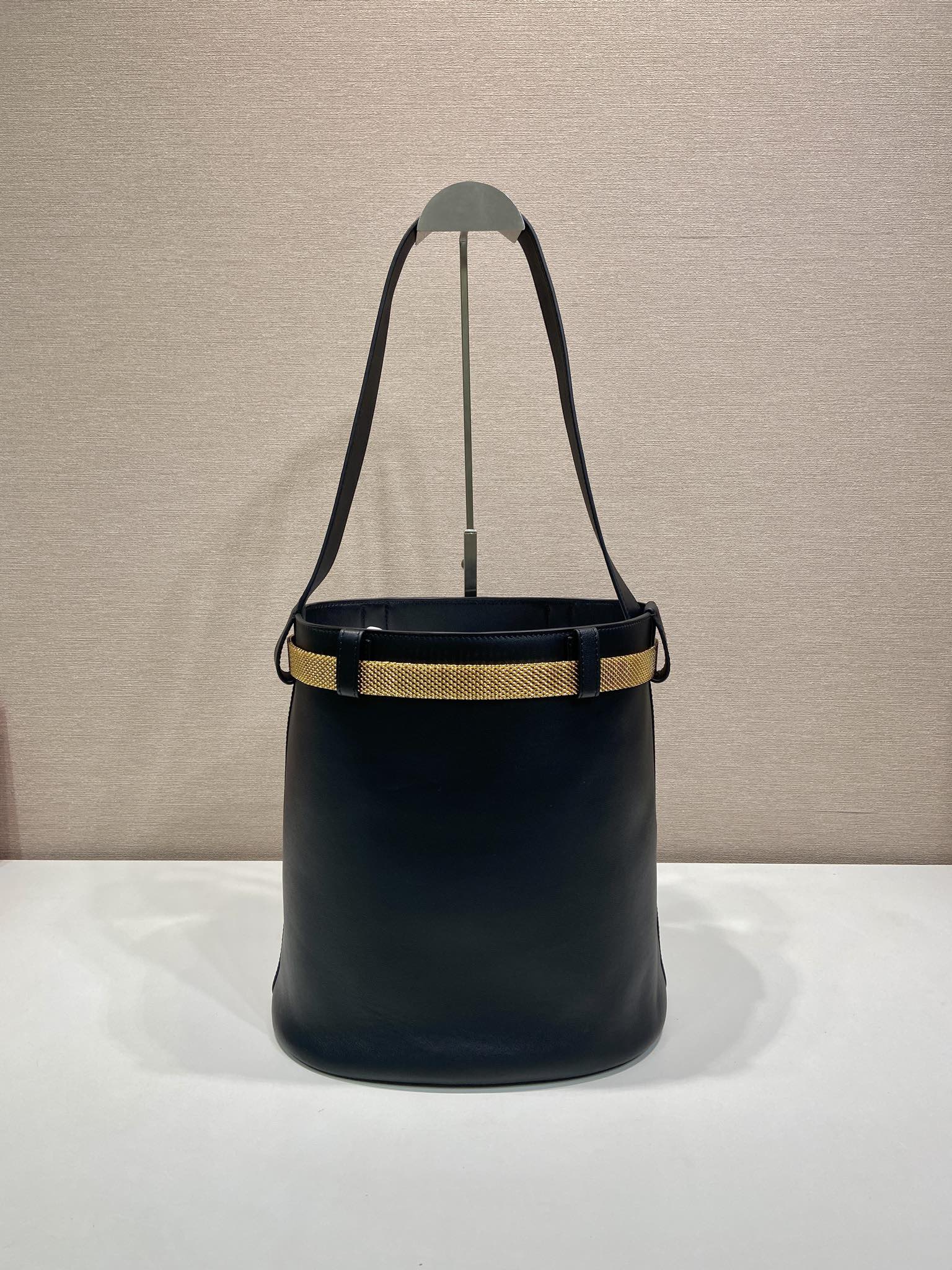 PRA bucket bag iron chain belt black leather 341179