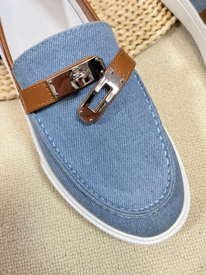 HM Denim Loafer Blue Brown Cowhide Cloth 317047