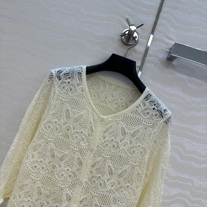 CD Hollowed-out Cardigan Light Cream Cotton