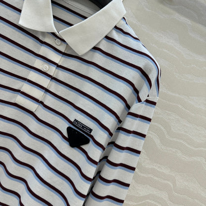 Prada 2025 Striped Long Sleeve Polo Shirt Cotton