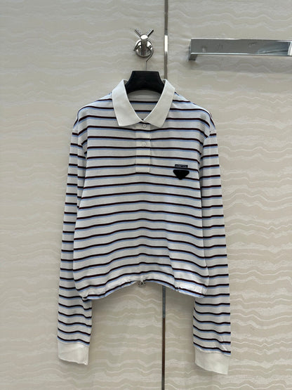 Prada 2025 Striped Long Sleeve Polo Shirt Cotton