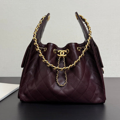 Chanel 2026 Hobo Bag Burgundy Gold Caviar Calfskin