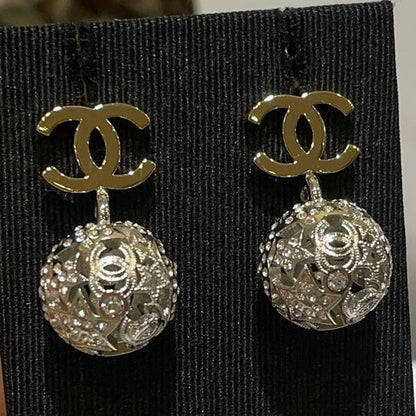 Chanel Gold Double C Silver Hollow Star Round Earrings