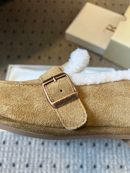 The Row 2025 Shearling Loafer Tan White Suede Wool 561603