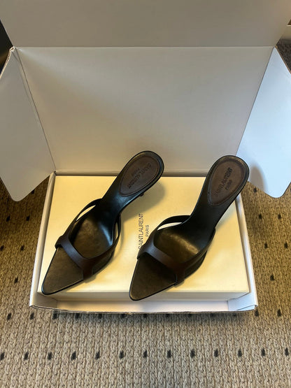 YSL 26ss High Heeled Mules 75 Black Cowhide 651765