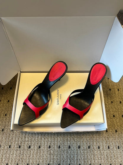 YSL 26ss High Heeled Mules 75 Black Dark Pink Cowhide 651768
