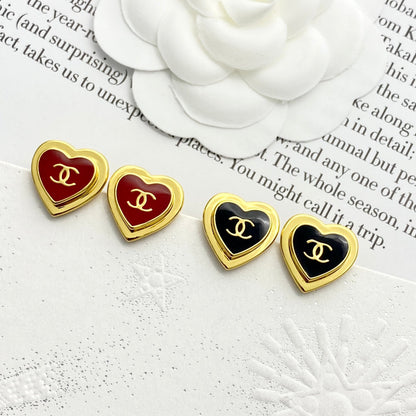 CC Red Enamel Gold Double C Heart Earrings