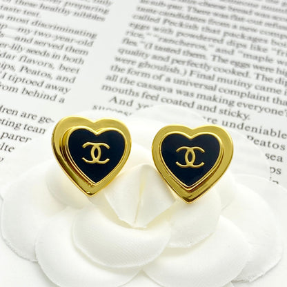 CC Black Enamel Gold Double C Heart Earrings