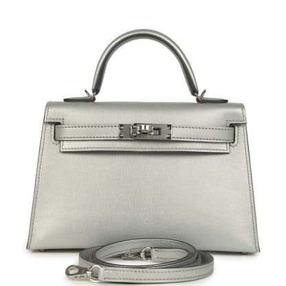 Hermes Mini Kelly II 20 Argente Chevre Chamkilight Bag Metallic Silver Lambskin