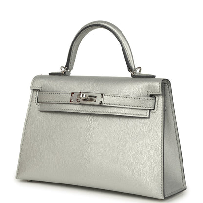 Hermes Mini Kelly II 20 Argente Chevre Chamkilight Bag Metallic Silver Lambskin