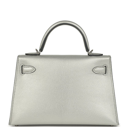 Hermes Mini Kelly II 20 Argente Chevre Chamkilight Bag Metallic Silver Lambskin
