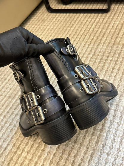 Miu Vintage-Look Black Calfskin Booties