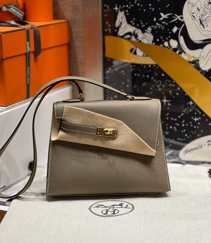 HM Kelly Desordre 20cm Etoupe Grey Epsom Gold Hardware